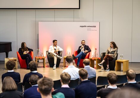 A panel discussion moderated by ZU student Michelle Bleichner and featuring Linus Holzmann, Volker Mayer-Lay, and Olivia Haller (from left) highlighted various paths into the professional world.