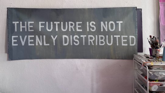 Marina Naprushkina, The future is not evenly distributed, 2025, acrylic on canvas, 80 x 200cm
