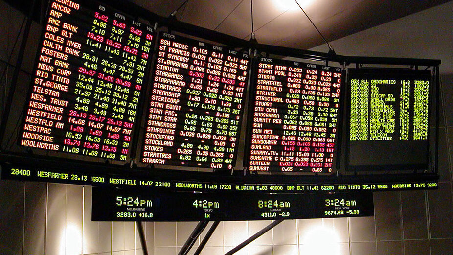 Electronic ticker monitor display, showing the bid and offer status of securities.